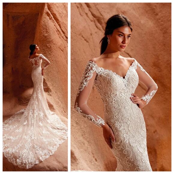 Eddy K Wedding Dress Long Sleeve Lace Fit & Flare Off-Shoulder Illusion Neckline - Picture 1 of 8